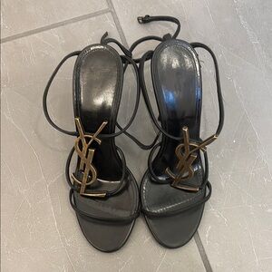 Yves Saint Laurent Black and Gold Heels with Ankle Wrap